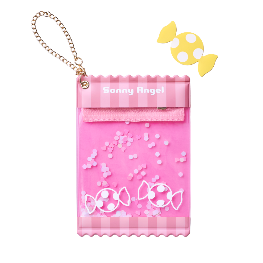 Pink pouch with candy design and 'Sonny Angel' branding on a white background