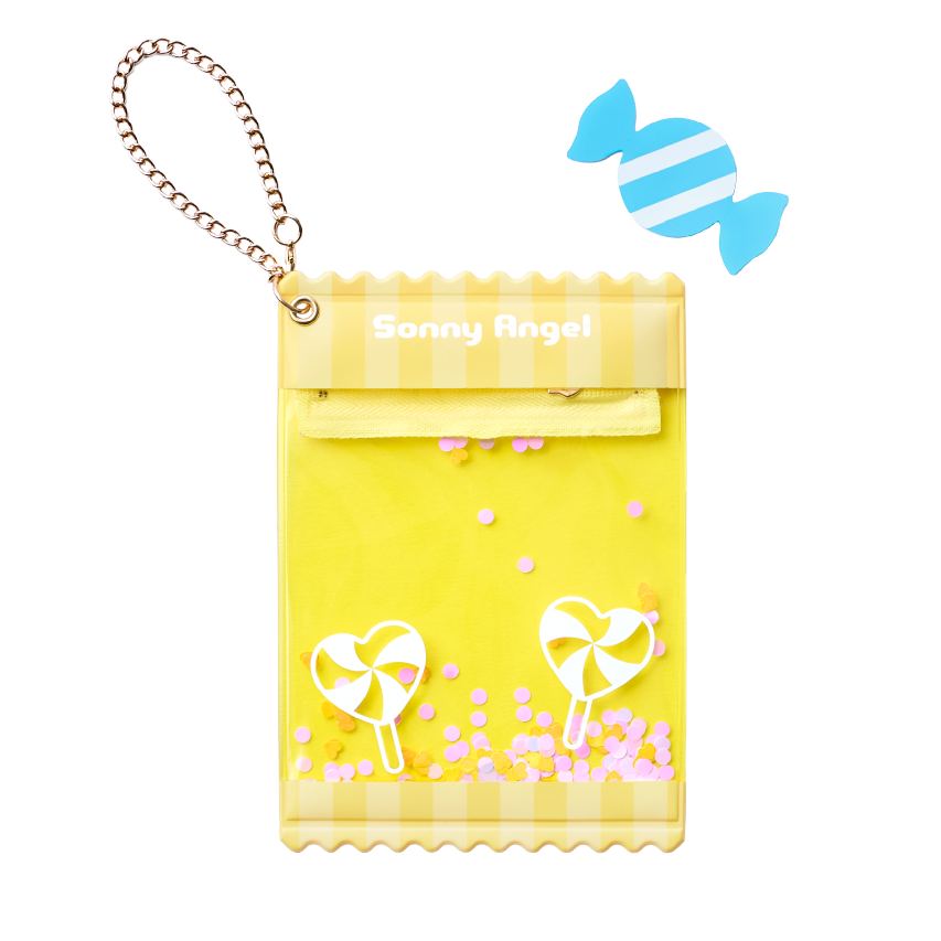 Yellow pouch with heart designs and a candy illustration on a white background