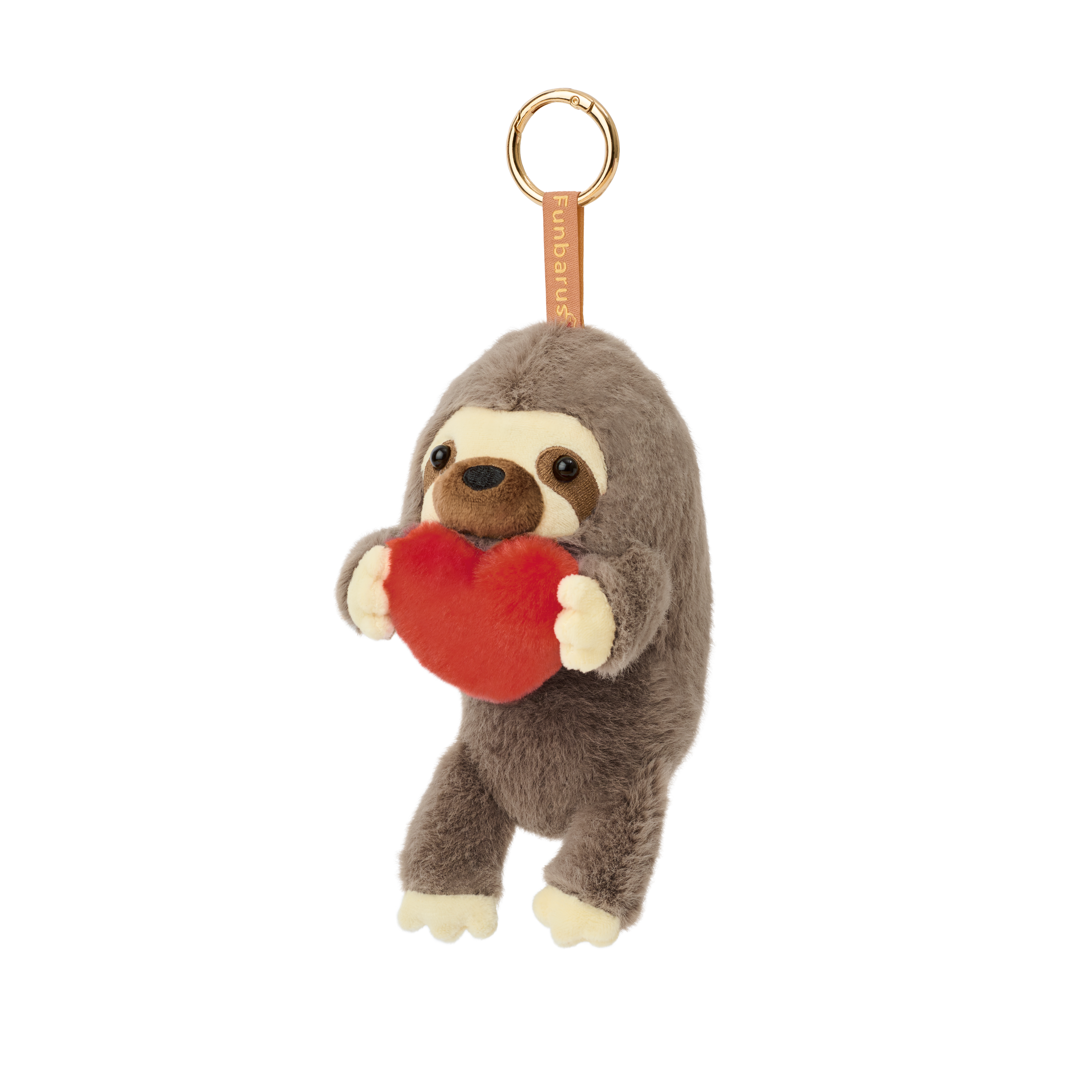 Product image shows Posture Pal Bag Charm, Sloth variant with a brown tag and gold circle clip. Sloth is light brown, dark brown and tan holding a red plush heart between its hands.