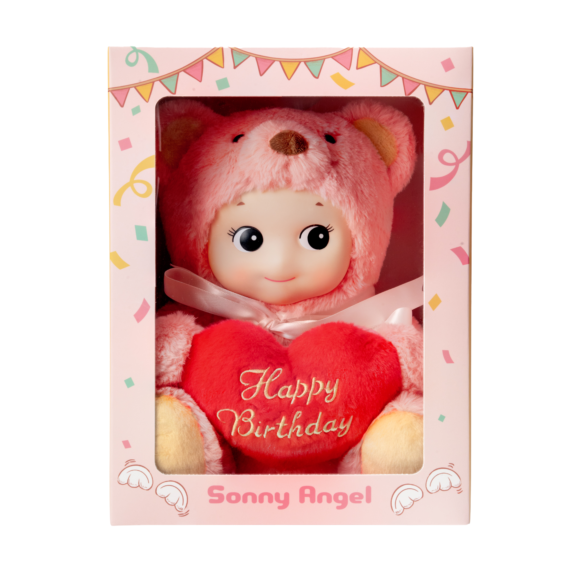 Sonny Angel Happy Birthday Cuddly Bear product image depicts Sonny Angel in a pink fuzzy bear outfit holding a red plush heart.