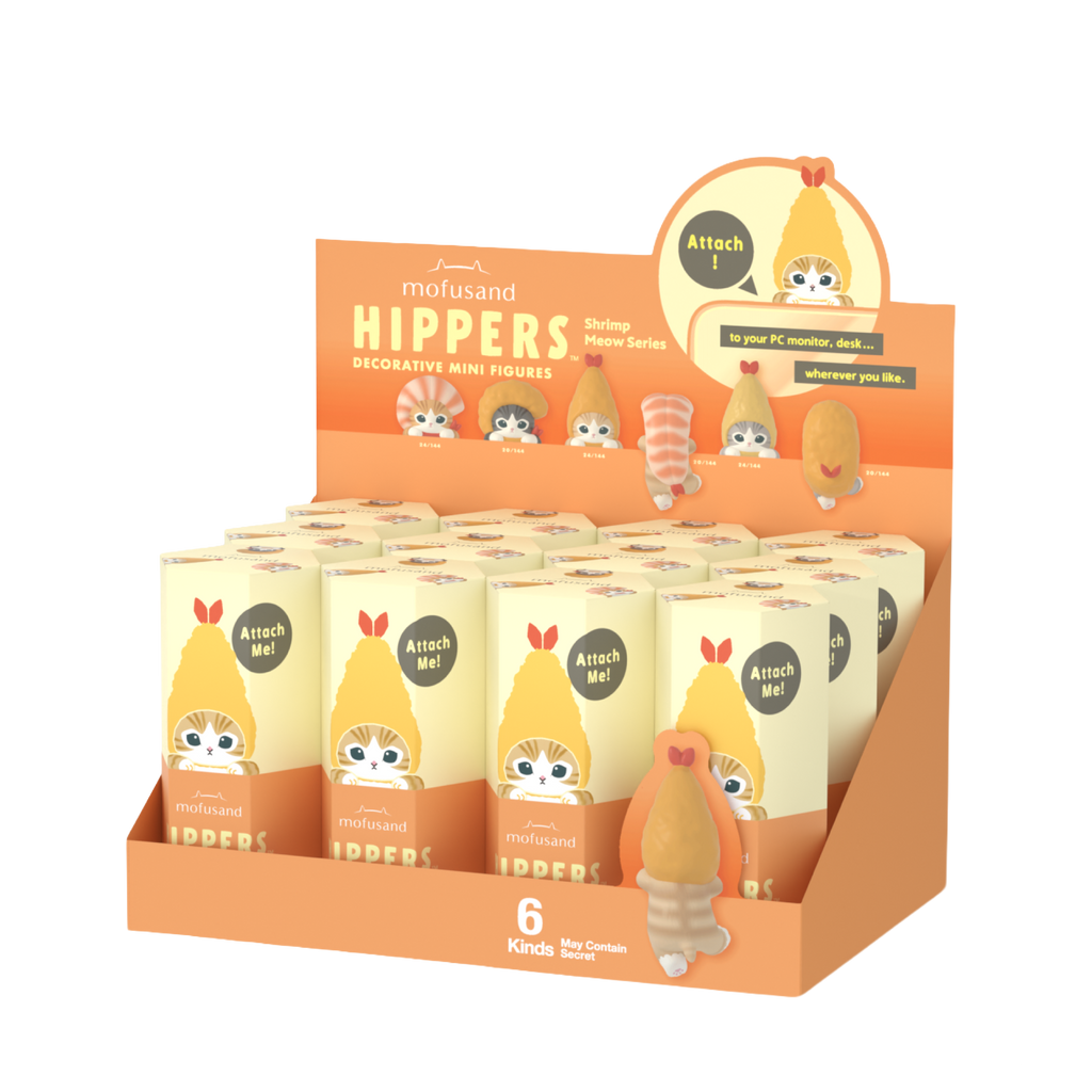 Mofusand HIPPERS Decorative Mini Figures Shrimp Meow Series promotional product image. Image shows product display case of blind boxes in a yellow and orange color theme. Display box shows Fried Shrimp Meow facing away, as well as the included figures. L to R: Prawn Meow, Popcorn Shrimp Meow, Fried Shrimp Meow, Shrimp Sushi Meow, Shrimp Tempura Meow, and Panko Shrimp Meow
