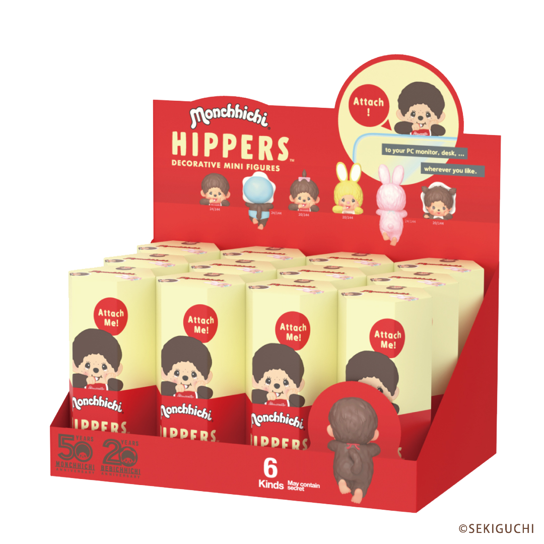 Monchiichi HIPPERS product image shows all variants of the Monchiichi HIPPERS. Display box shows the blind box packaging of the individual items. Monchiichi product themed in light yellow and bright red with iconic Monchiichi image