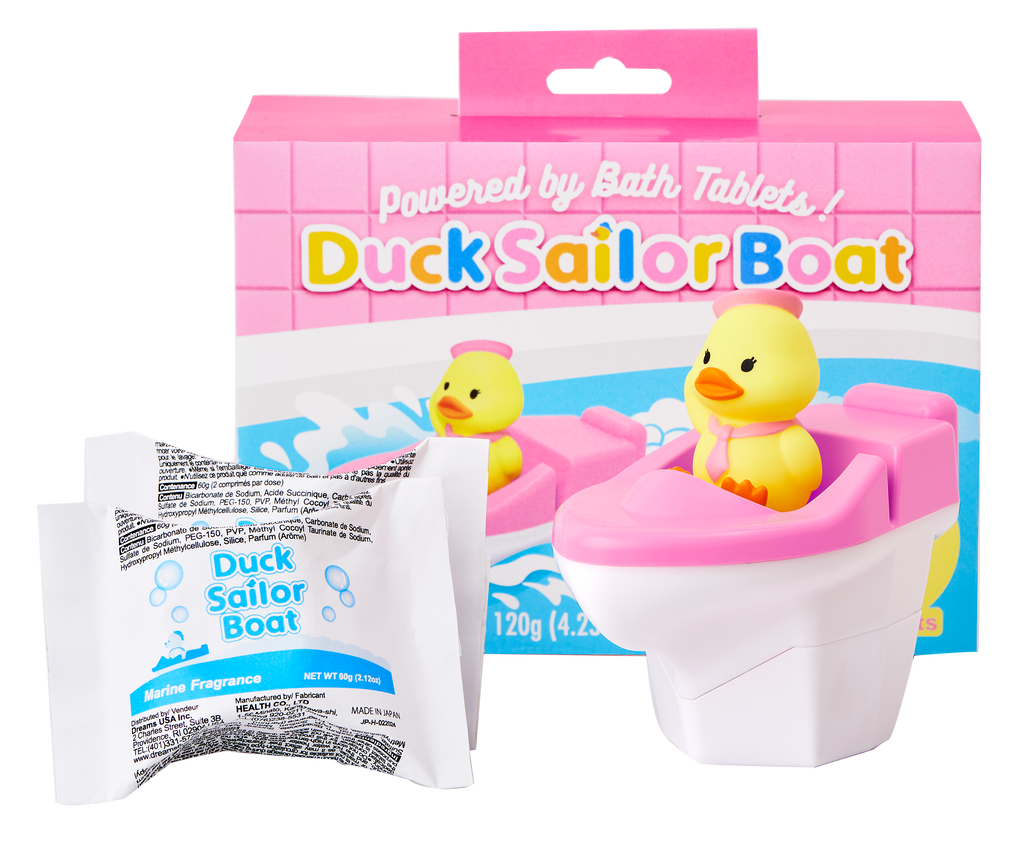 duck sailor boat pink variant packaging and product image; pink duck sailor boat box with pink duck sailor boat and 2 refill packets removed from box