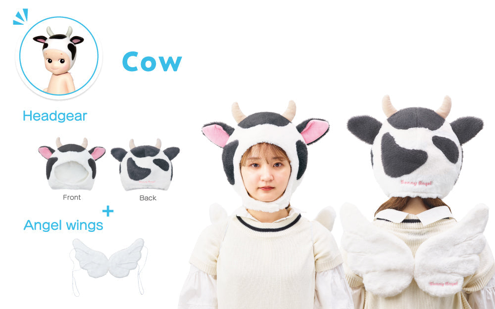 instructional image featuring cow sonny angel costume series 2 version. line one: render of cow sonny angel mini figure with words COW; line two: HEADGEAR with photos of front and back of the cow hat labelled over a PLUS sign; line three: ANGEL WINGS with photo of angel wings costume piece; right: model front and back wearing cow headgear and wings