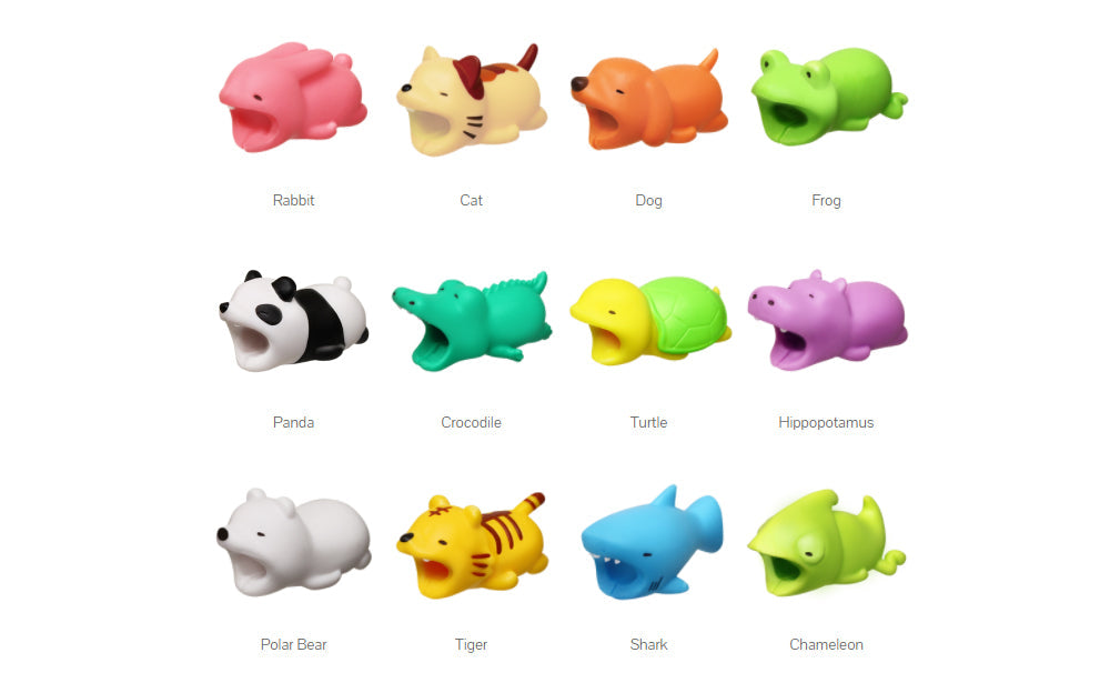 Cable Bite Vol. 1 product image shows all variants in the series. From top to bottom, left to right: pink rabbit, calico cat, orange dog, green frog, black and white panda, green crocodile, yellow and green turtle, purple hippopotamus, white polar bear, yellow and brown tiger, blue shark and green chameleon