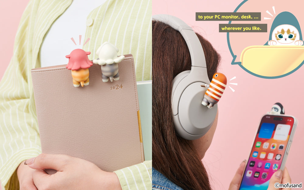 product lifestyle banner image split in two; left features mofusand hipper octopus and squid hanging on a 2024 leather planner; right features eel mofusand hipper on a set of white headphones and orca on a phone case with an illustrated banner and the text TO YOUR PC MONITOR, DESK, WHEREVER YOU LIKE