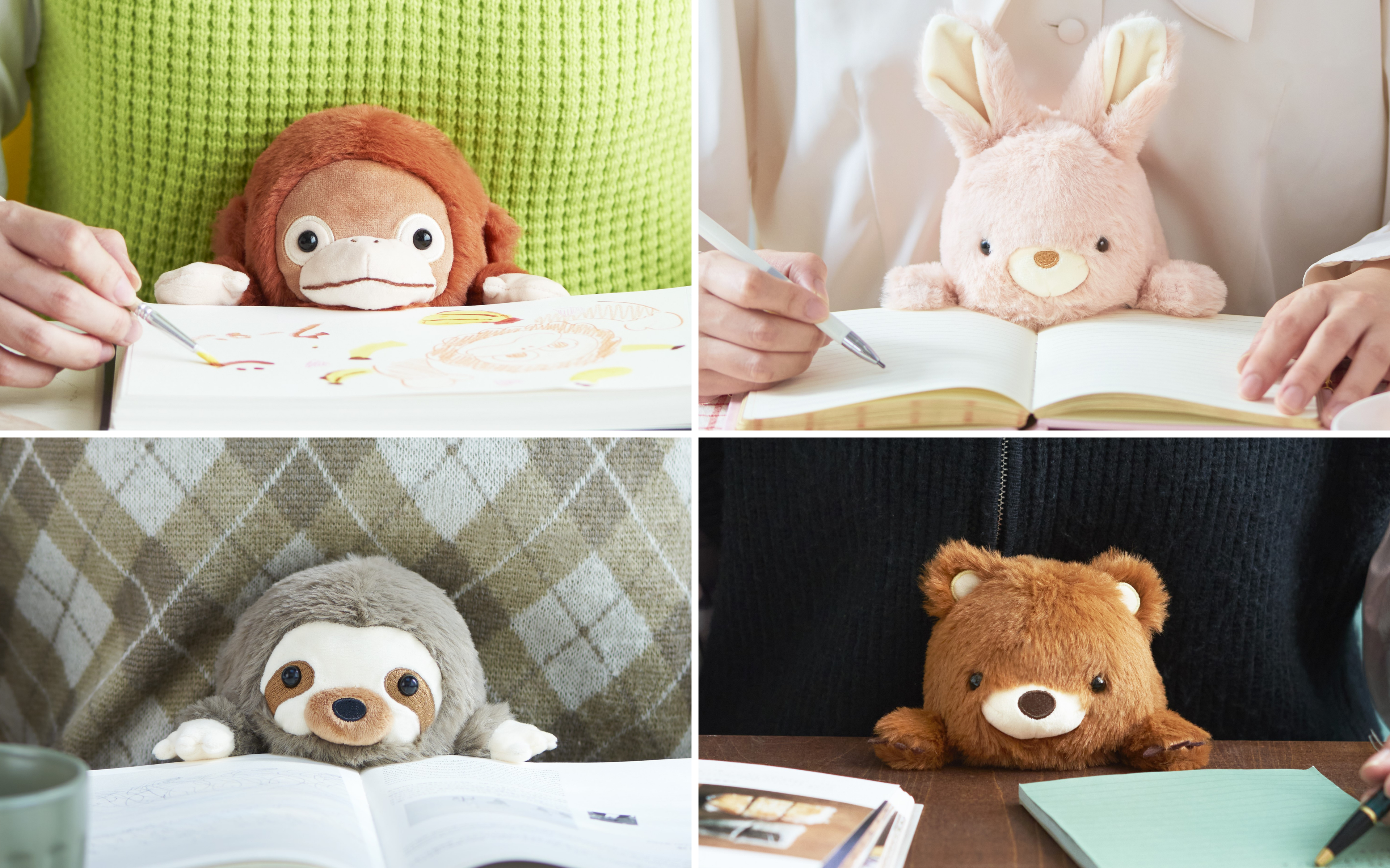 image split into four sections showing posture pal orangutan, rabbit, sloth, and bear positioned between various models torsos and desks