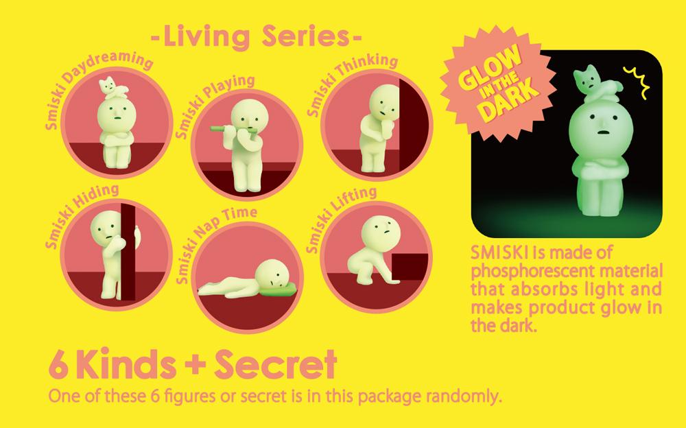 smiski living product lineup illustrations of each figure in red circles on a yellow backdrop. left to right top row smiski daydreaming smiski playing smiski thinking bottom row smiski hiding smiski nap time smiski lifting. right illustration of smiski daydreaming in dark and glowing. text glow in the dark smiski is made of phosporescent material that absorbs like and makes product glow in the dark six kinds plus secret one of these six figures or secret is in the package randomly
