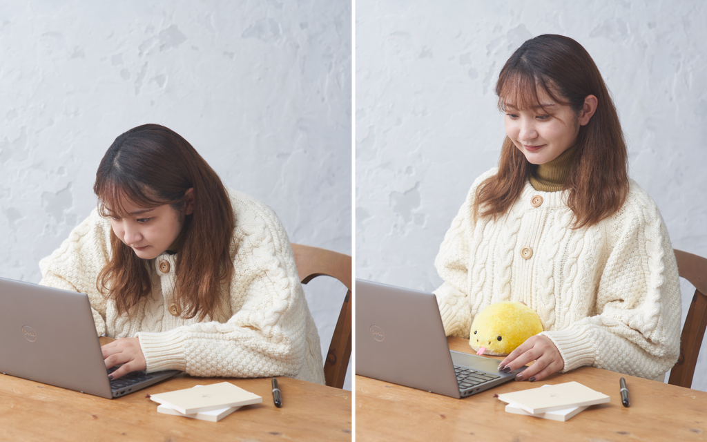 spliced lifestyle image of posture pal snake yellow split down the middle. left image features a person slouching over while working at a laptop, right image shows the same person sitting up straight and smiling with posture pal snake yellow sitting between their abdomen and the edge of the desk