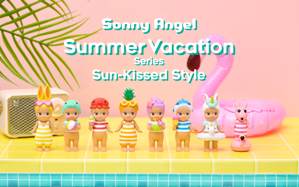 Image introducing new Sonny Angel Summer Vacation Series Sun-Kissed Style lineup. Set against a pink background, with a yellow tiled countertop. From left to right: yellow Rabbit, teal Manatee holding a beach ball, red Octopus holding a triple scoop of ice cream, orange Pineapple with pineapple slice sunglasses, purple Shell holding a coconut drink, blue Shark holding a popsicle, and secret Sonny Angel with unicorn headgear, and unicorn pool floaty, and Robby Angel, atop a pink flamingo pool floaty
