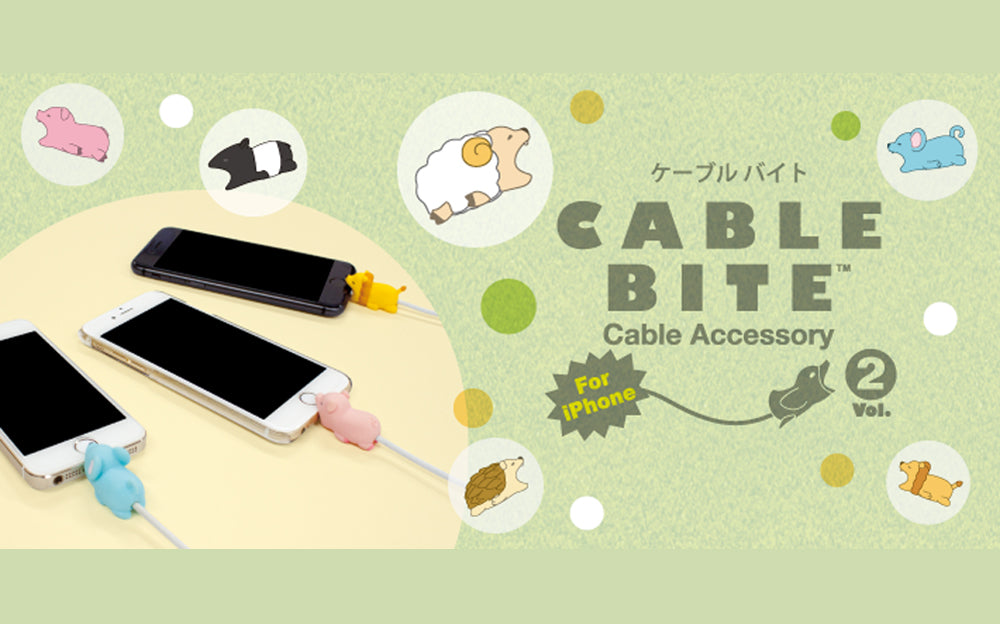 Set against a green background, image shows Cable Bite Cable Accessory Volume 2 For iPhone logo surrounded by product variant icons. On left side, three cellphones show the Mouse, Pig and Lion Cable Bite products on charging cables