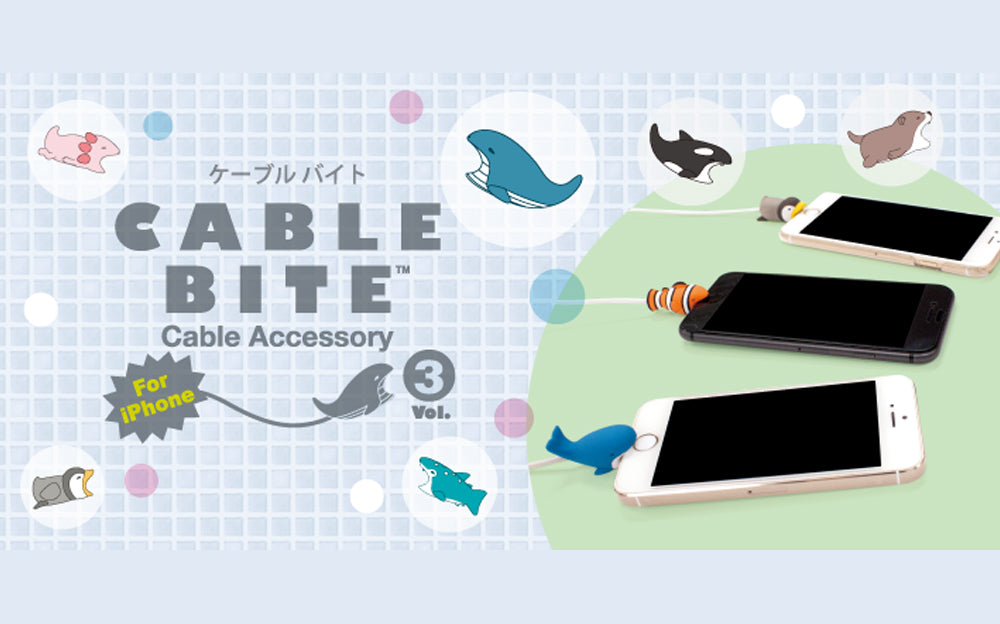 Image shows Cable Bite Cable Accessory Volume 3 product variants. Axolotl, Whale, Whale Shark and Penguin icons surround the logo. The Orca and Otter icons are shown above three cellphones, each with a Cable Bite V3 on its charging cable. Top to bottom: Penguin, Clownfish and Whale