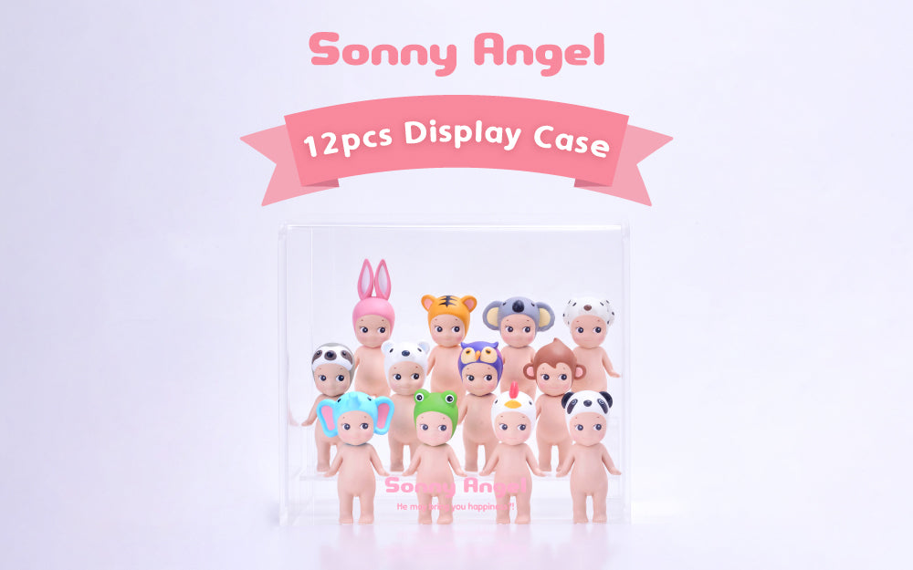 Image shows Sonny Angel Display Case; a clear acrylic case meant to store and display Sonny Angel minifigures. Image shows case filled with a variety of Sonny Angel Animal 1 Series minifigures