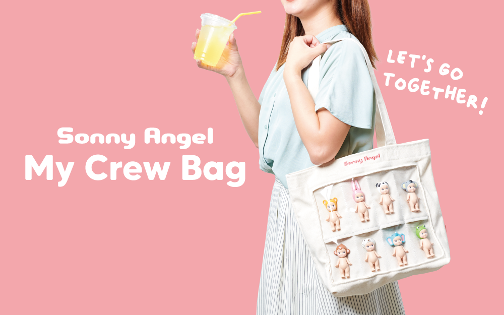 product banner image for the sonny angel my crew bag featuring a model from the neck down wearing a my crew bag filled with sonny angel minifigures. they are sipping a yellow drink. white text on pink background reads: SONNY ANGEL MY CREW BAG