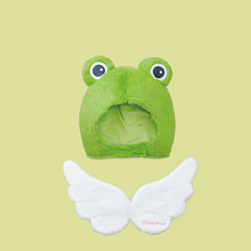 closeup product image of the sonny angel costume series 2 refined frog costume headdress from the front and wings from the back on a green background. 