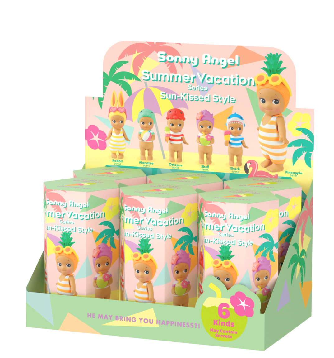 Display box of Sonny Angel Summer Vacation Series- Sun-Kissed Style. Display box shows individual branded blind boxes, featuring images of the Sonny Angel minifigures in the Summer Vacation Series